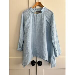 ELEVEN STITCH DESIGN Size M Women’s Light Blue Linen Tunic Top Asymmetrical Hem